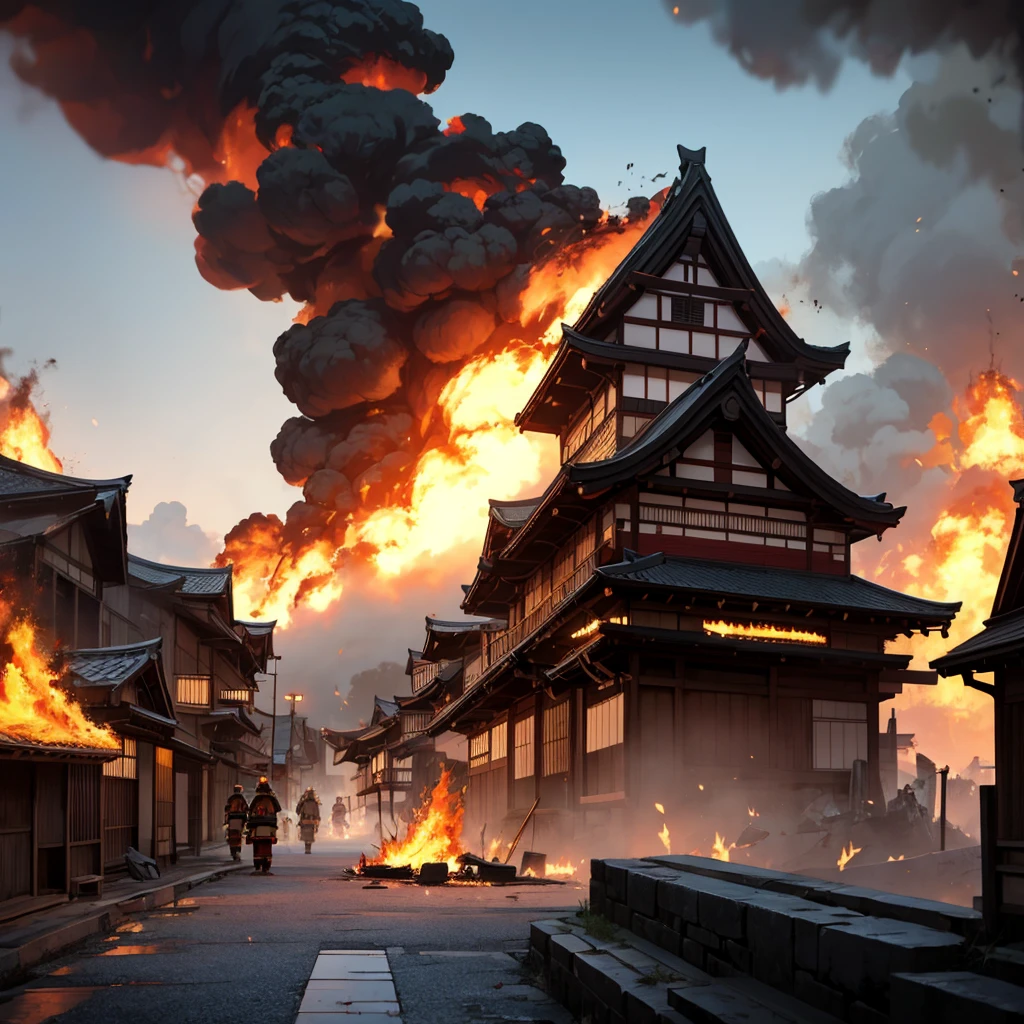 Feudal japanese city in fire and destroied