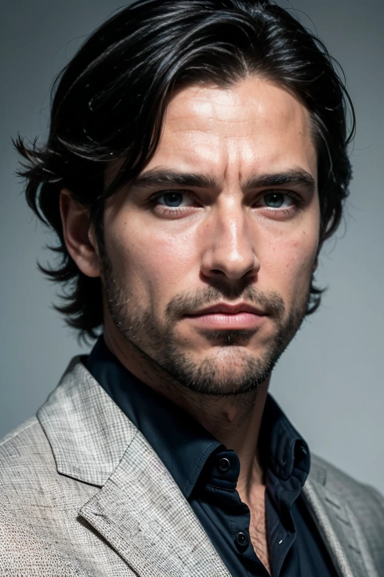 (retrato:1.5), Description: A 44-year-old man with a confident and friendly appearance. He has dark brown hair, slightly wavy and well combed. His eyes are light brown, expressive and convey intelligence and empathy. He has a well-trimmed beard, which adds a touch of maturity to his face. His skin is clear, with a healthy tone. He is wearing a light blue dress shirt and a dark gray blazer, conveying a professional and approachable image. The background is neutral, highlighting Vittorio's face and expression.