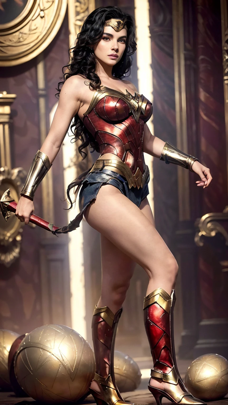 ((full body photo, standing, feet on the ground)) (best quality,realistic:1.2),Ana Paula Arosio in Wonder Woman costume,stunning,hyper-realistic,detailed eyes,luscious lips,dark flowing hair,muscular physique,fierce expression,glowing golden tiara,bright red and gold armor,shield and sword,powerful stance,heroic background,studio lighting,vibrant colors,sharp focus