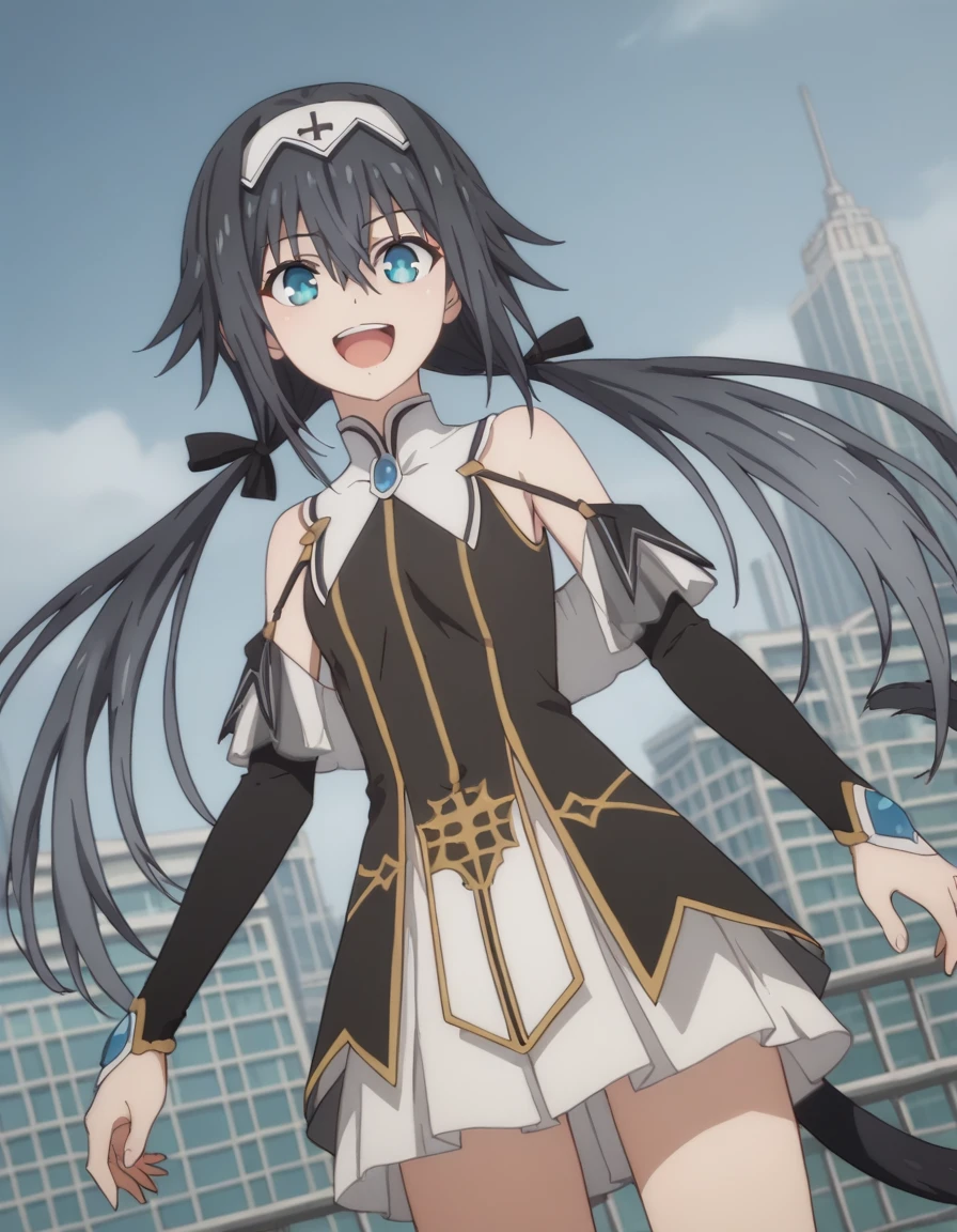 ore_9, score_8_consolation, score_7_consolation, source_japanese cartoon movies, Nivelcall, Nivelcall, long hair, blue eyes, black hair, hair between eyes, twin tail, very long hair, hair band, low twin tail, white hair band, skirt, separated sleeves, sleeveless, white skirt, black sleeves, cityscape, finished, laugh, looking at viewer, alone, cowboy shot, dutch angle,