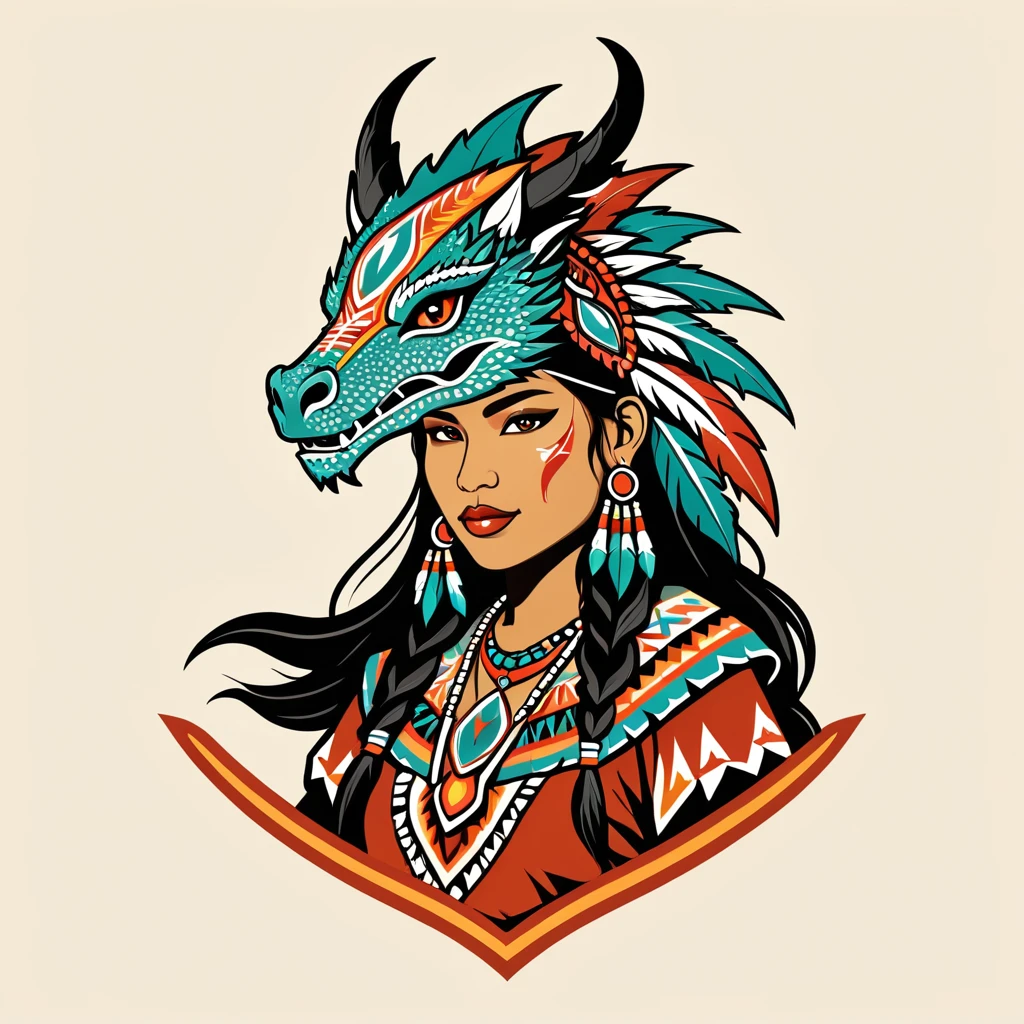 female dragon in native american folk outfit ,vector graphics, strong contours, logo design