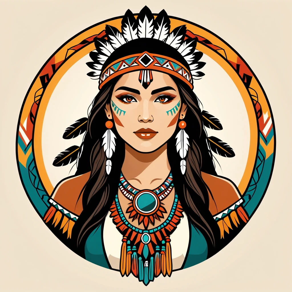 female druid in native american folk outfit ,vector graphics, strong contours, logo design