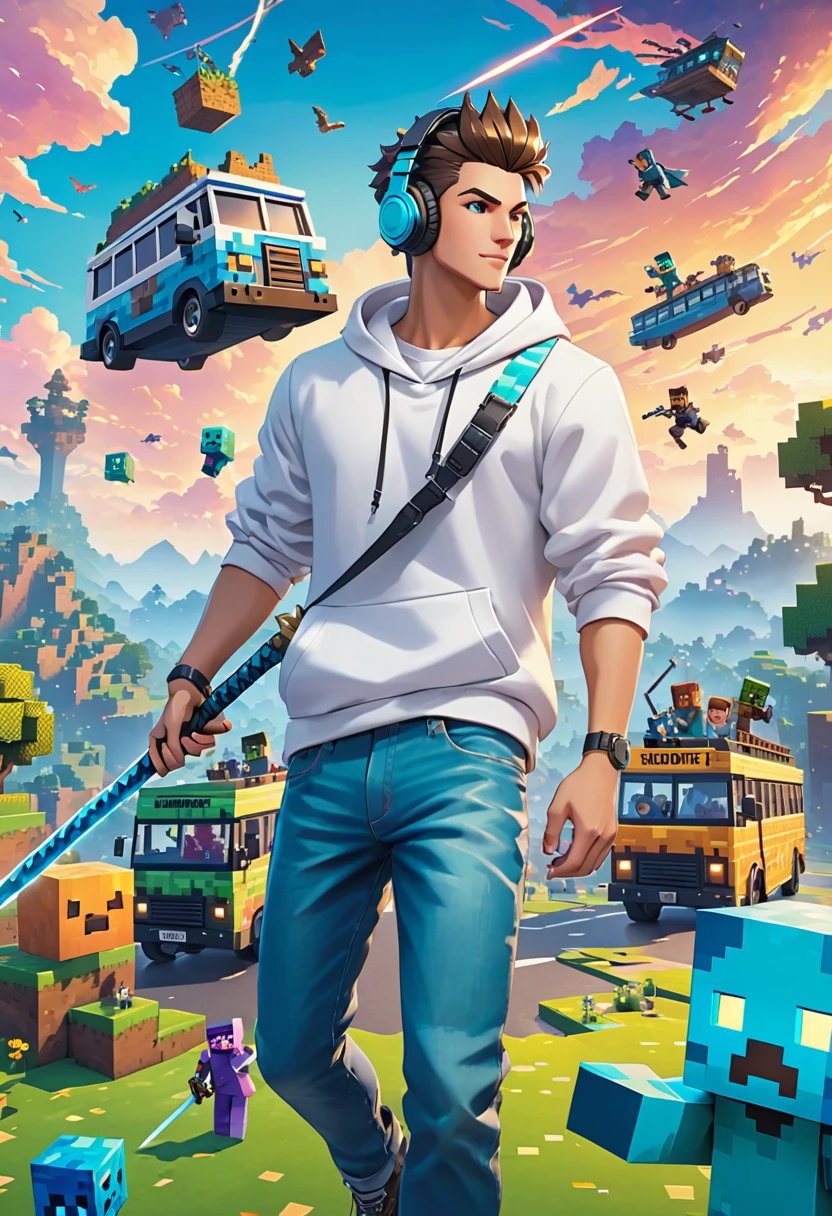 (Male), (6'2"), (Brown spiked pompadour hair), (White Hoodie), (Navy jeans), (Black gaming headphones around neck), (Swinging a blue teal sword), (Surrounded by Ghosts, Minecraft Monsters with the fortnite battle bus in the sky), (in a Blocky world)