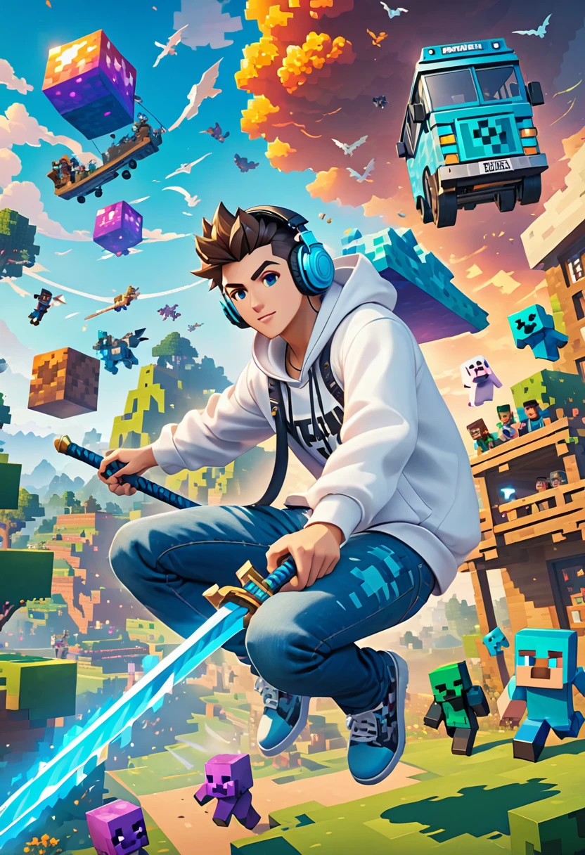 (Male), (6'2"), (Brown spiked pompadour hair), (White Hoodie), (Navy jeans), (Black gaming headphones around neck), (Swinging a blue teal sword), (Surrounded by Ghosts, Minecraft Monsters with the fortnite battle bus in the sky), (in a Blocky world)