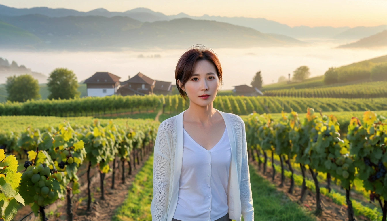 8k, 36 year old Korean woman, pretty like a model, Short hair, White shirt and short cardigan, early morning fog before sunrise, path, vineyard, swiss countryside village, Vivid picture quality, Realistic perfect picture quality, Dawn fog with a blue glow, without grapes