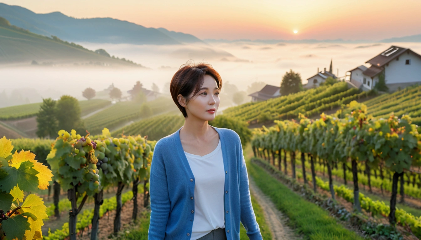 8k, 36 year old Korean woman, pretty like a model, Short hair, White shirt and short cardigan, early morning fog before sunrise, path, vineyard, swiss countryside village, Vivid picture quality, Realistic perfect picture quality, Dawn fog with a blue glow, without grapes