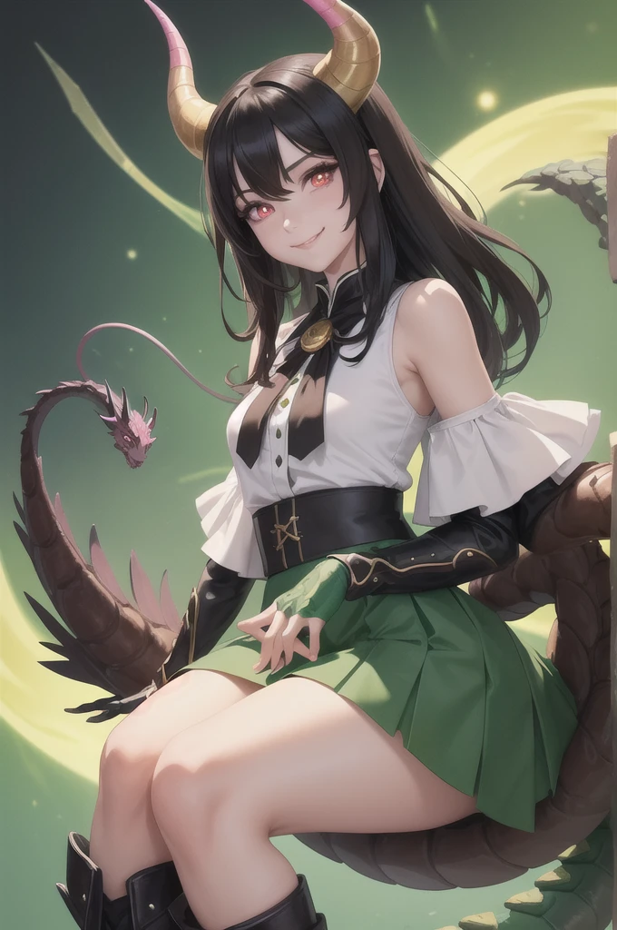 masterpiece, high quality, dragon girl, green skin, brown horns, long tail, hairy tip on tail, long black hair, black holes in shoulders, pink pupils, Tender smile, a white blouse, Long blue skirt, Brown boots, black sclera