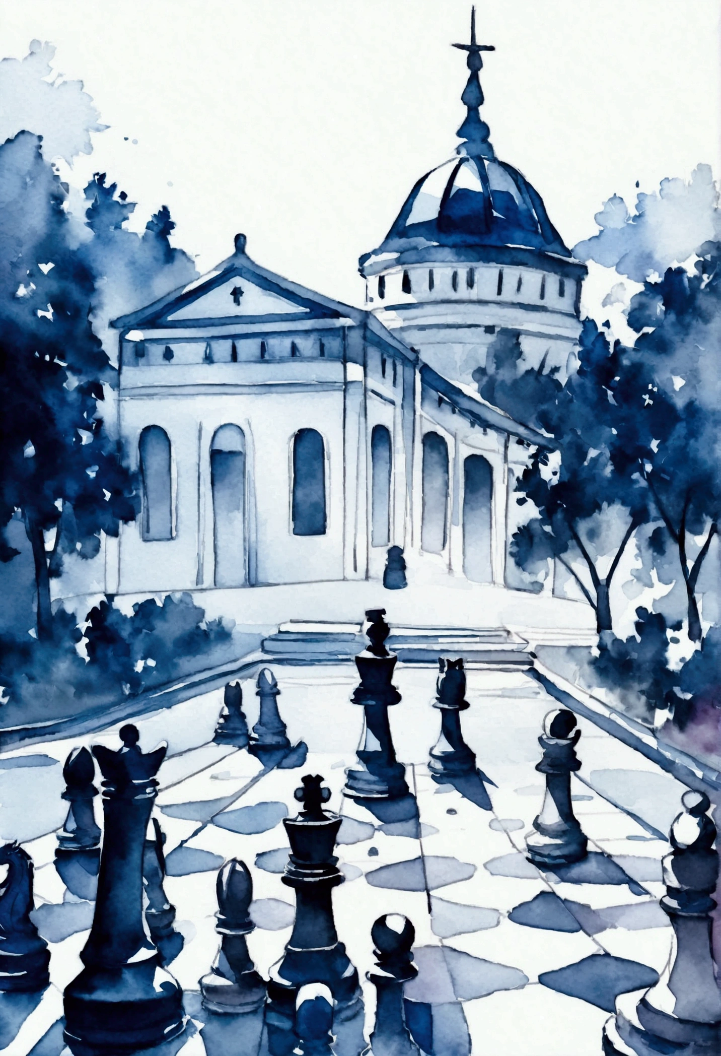 chess game in the palace park, watercolor, chess knight, dark, deep blue theme