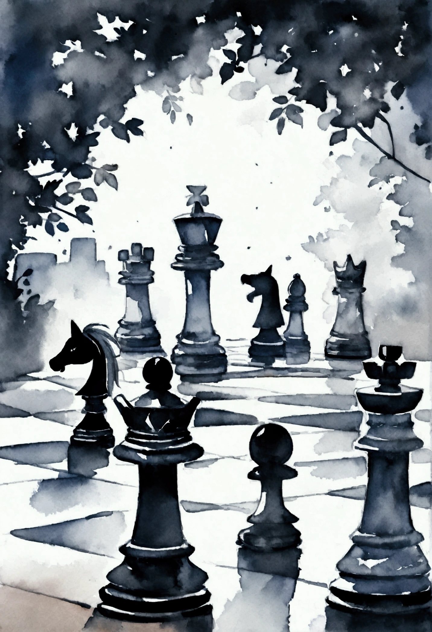 chess game in the palace park, watercolor, chess knight, dark, deep blue theme