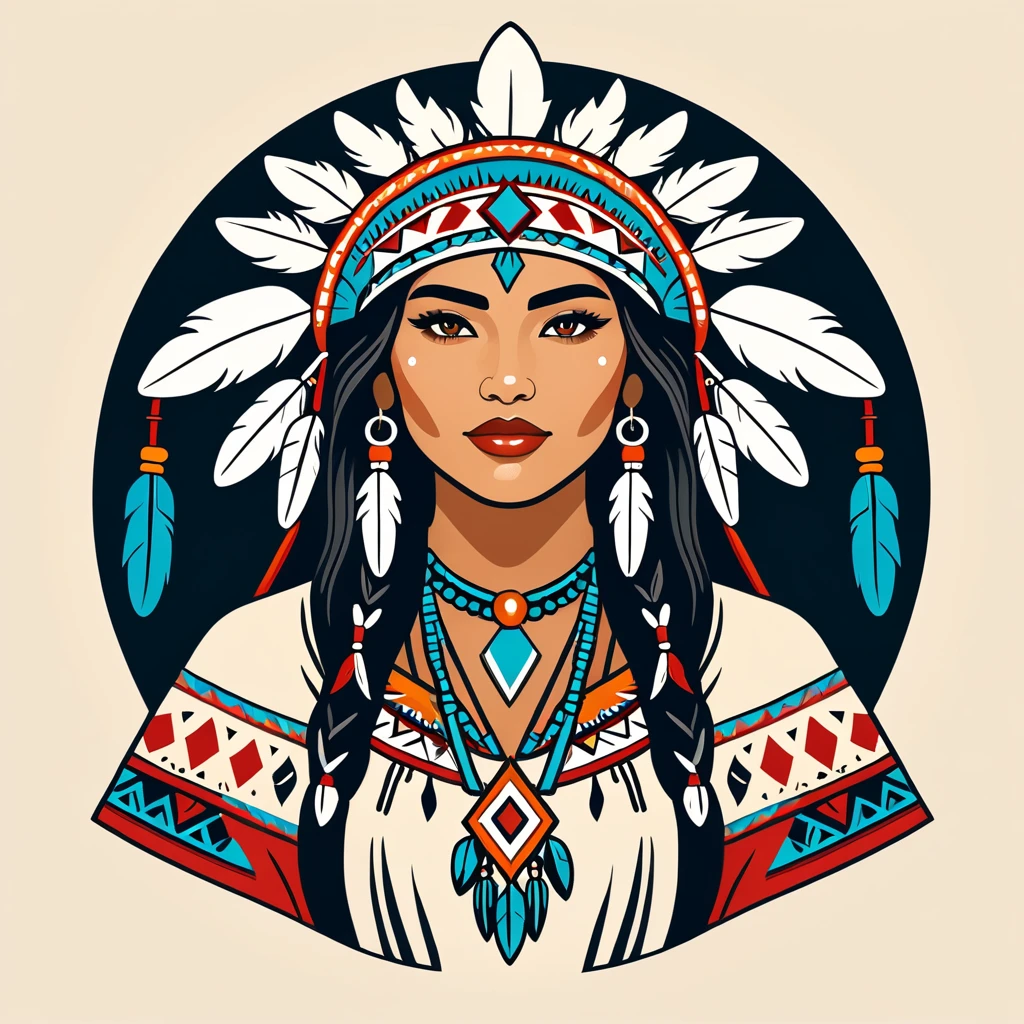 female enchanter in native american folk outfit ,vector graphics, strong contours, logo design