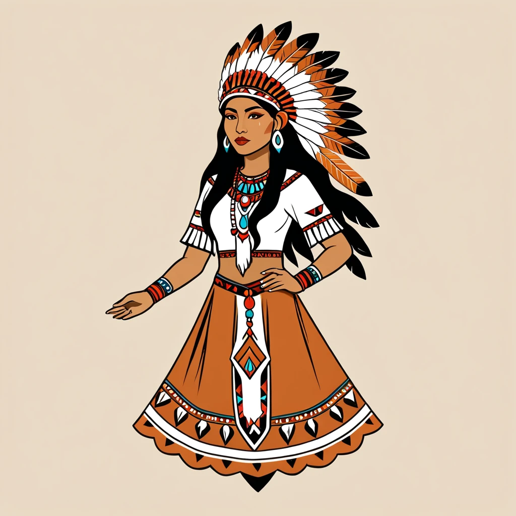 female	enchanter	in native american folk outfit	,vector graphics, strong contours, logo design																						