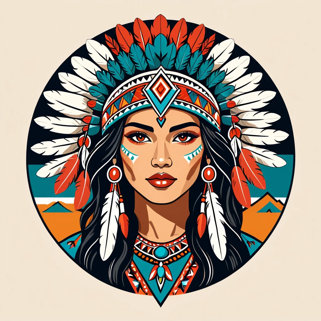 female	enchanter	in native american folk outfit	,vector graphics, strong contours, logo design																						