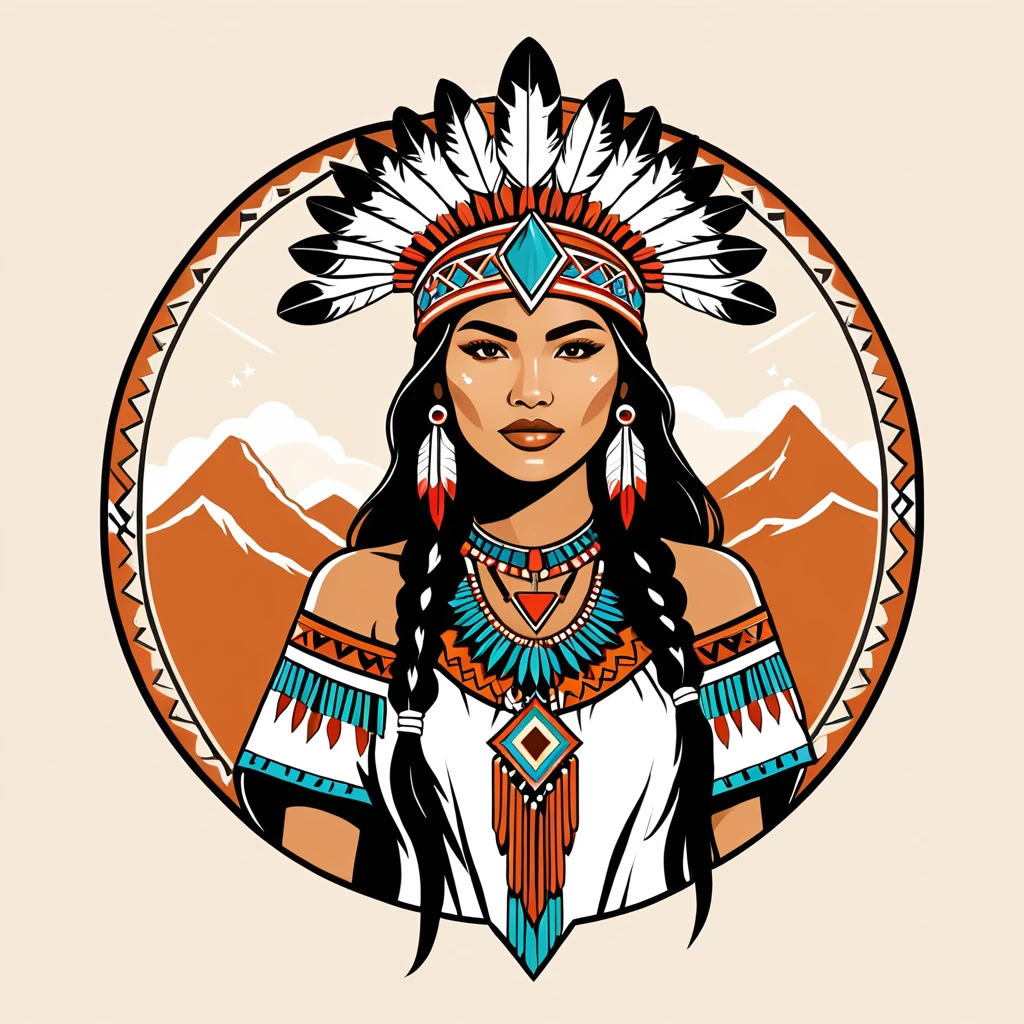 female enchanter in native american folk outfit ,vector graphics, strong contours, logo design
