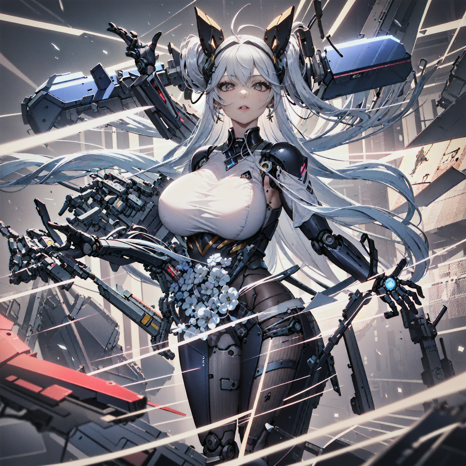 Super Detail, High Detail, high quality, best quality, High resolution，1 female robot，Beautiful female robot,beautiful clear face，Realistic, High resolution, Soft Light,Hips up, (Detailed face), Mecha Maiden, Colorful mechanical parts, mechanical joint, Thick mechanical armor,Weaponry, All metal body, Technology Antenna Hair Accessories