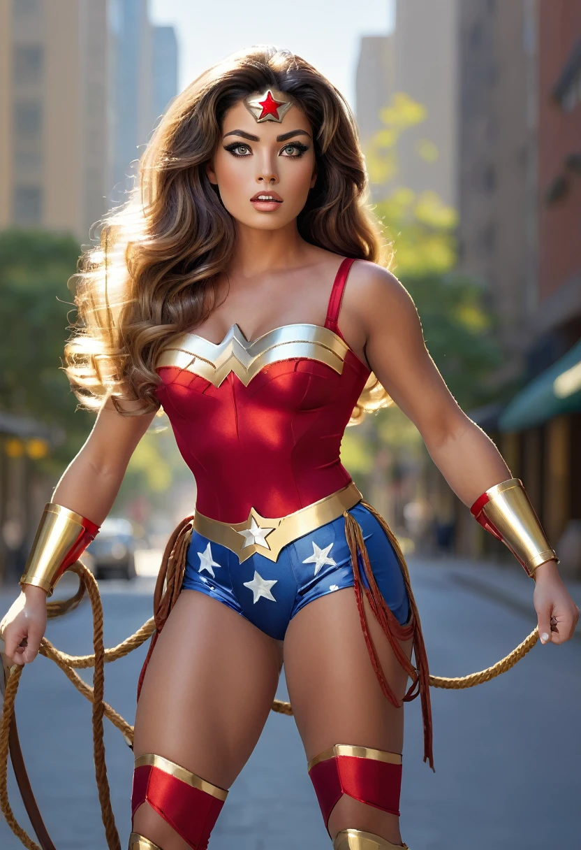 ((full body photo, standing, feet on the ground)) a beautiful sexy classic 70s wonder woman, beautiful detailed eyes, beautiful detailed lips, extremely detailed eyes and face, long eyelashes, cinematic lighting, natural skin texture, muscular athletic body, heroic pose, flowing hair, red and gold costume, iconic star symbol, ridges on bracelets, lasso of truth, amazon warrior, photorealistic, highly detailed, dynamic composition, vivid colors, dramatic shadows and highlights