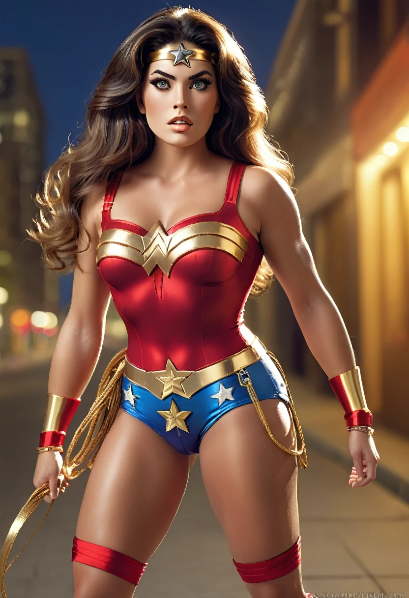 ((full body photo, standing, feet on the ground)) a beautiful sexy classic 70s wonder woman, beautiful detailed eyes, beautiful detailed lips, extremely detailed eyes and face, long eyelashes, cinematic lighting, natural skin texture, muscular athletic body, heroic pose, flowing hair, red and gold costume, iconic star symbol, ridges on bracelets, lasso of truth, amazon warrior, photorealistic, highly detailed, dynamic composition, vivid colors, dramatic shadows and highlights