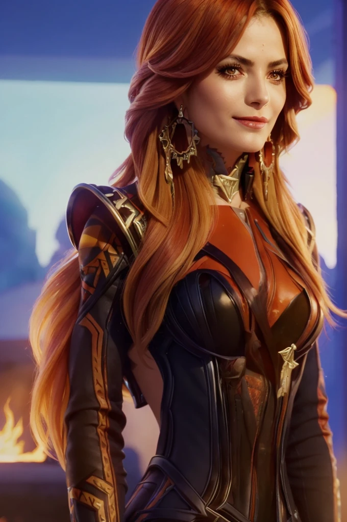 A adult girl in realistic portrait of high quality and detail, movie style, Mavuika (Genshin Impact), face close up, portrait shot, ((bright red hair at the ends)), adult girl, 25 years old, diamond face, the sky is ablaze with bright flames in the background, depth of field, magic, big red lips, ((red and yellow eyes)) black and red long and full dress, covered chest, mystical atmosphere, ominous shadows, Intense blue aura, Intense red aura (best quality:1.2), absurdres, intricate details, (highly detailed skin:1.2), smile expression, posing, taut and well defined body, attractive. Highly realistic, tanned skin, beautiful, hyperrealism, skin very elaborated, direct gaze, Aztec style, rectangular sunglasses, glow, eye shadow, 1girl, Depth & Perspective, smiling on her face, fine face, She sitting on chair in the living room, crossed legs, indoors, sunlight from stained glass windows, looking at viewer, (ultra-high detail:1.2), Masterpiece, Best Quality, Ultra-detailed, Cinematic lighting, 8K, delicate features, cinematic, 35 mm lens, f/1.9, highlight lighting, global lighting –uplight –v 4, cinematic, Cinematic lighting, 8K, high quality, Highest Quality, (Solo Focus), (extremly intricate:1.3), (Realistic), masterful, Analog style, (Film grain:1.5), (warm hue, cold tone),