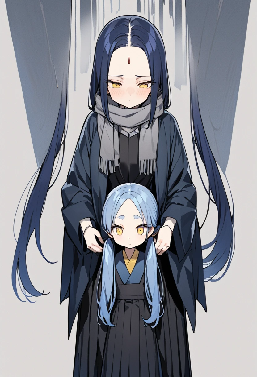 (One very tall woman with her hair in twin tails, exposing her forehead.,Navy Blue Hair,yellow eyes,Black haori,Black Hakama,Wear a grey scarf around your neck)