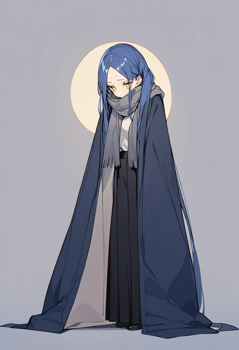 (One very tall woman with her hair in twin tails, exposing her forehead.,Navy Blue Hair,yellow eyes,Black haori,Black Hakama,Wear a grey scarf around your neck)