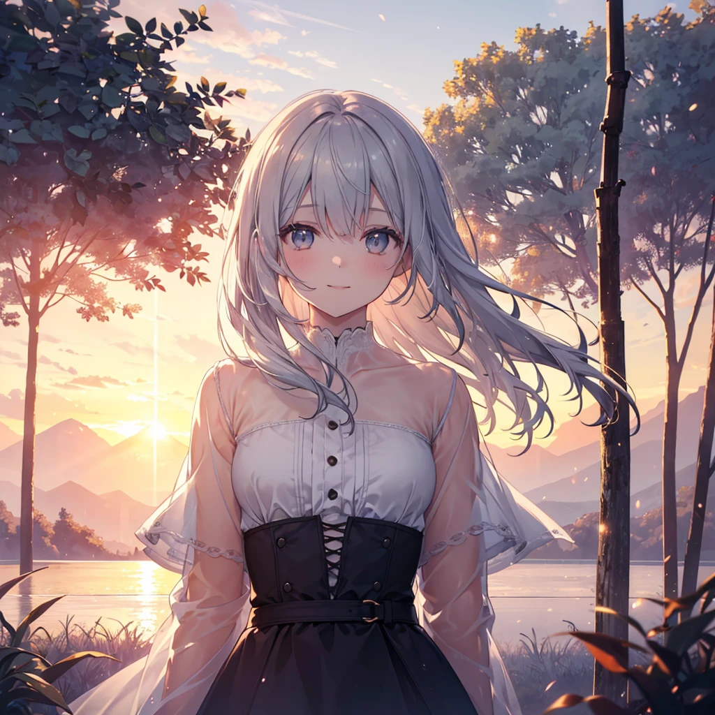 (Sunset Scene, Soft lighting, High saturation):1.4, Vivid lighting, Enchanting elegance, Atmospheric Depth, Great technology, Naturalistic representation, Harmonious composition, Creative refinement, Striking contrast, (One beautiful girl), smile, Expose, Gray bob hair ,Volumetric Fog, Outdoor, Backlight, Small breasts