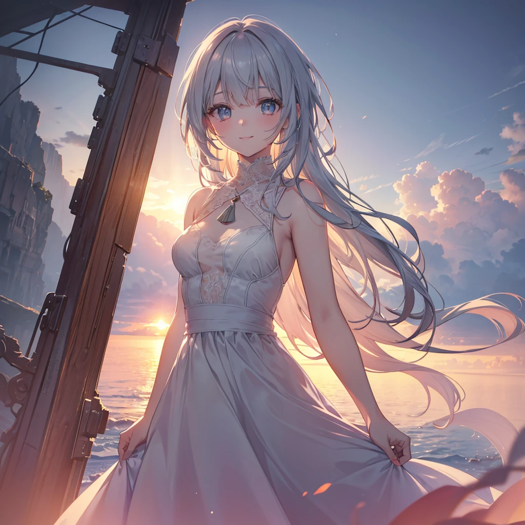 (Sunset Scene, Soft lighting, High saturation):1.4, Vivid lighting, Enchanting elegance, Atmospheric Depth, Great technology, Naturalistic representation, Harmonious composition, Creative refinement, Striking contrast, (One beautiful girl), smile, Expose, Gray bob hair ,Volumetric Fog, Outdoor, Backlight, Small breasts