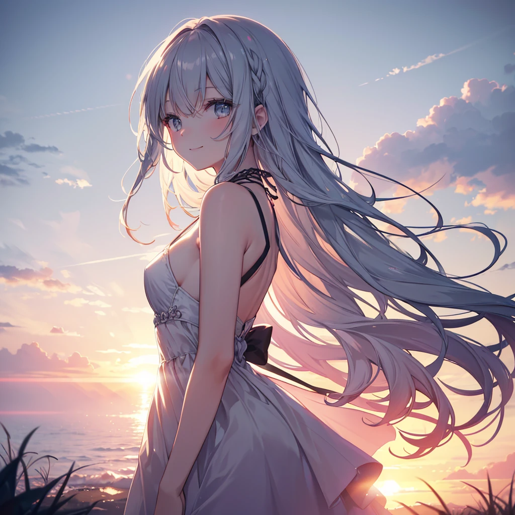 (Sunset Scene, Soft lighting, High saturation):1.4, Vivid lighting, Enchanting elegance, Atmospheric Depth, Great technology, Naturalistic representation, Harmonious composition, Creative refinement, Striking contrast, (One beautiful girl), smile, Expose, Gray bob hair ,Volumetric Fog, Outdoor, Backlight, Small breasts