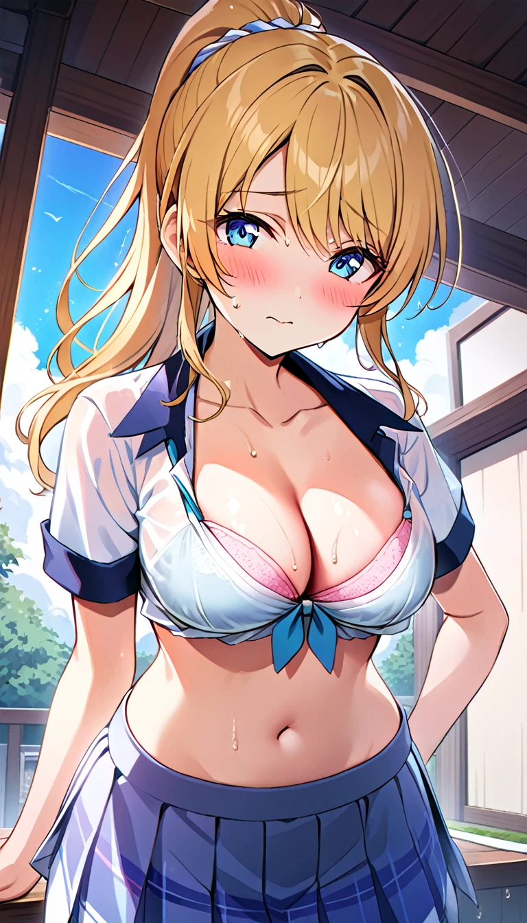 Masterpiece, (Highest resolution: 1.3), 8K, Wallpaper, Depth of field, (1 woman, long blonde hair in a ponytail, blue eyes: 1.5), (The wet summer Otonokizaka uniform does not turn over So, she's fully clothed and her top is long to her waist), (Bra showing through from under her wet summer Otonokizaka uniform: 1.3), ((closed mouth)), Sheltering from the rain under the roof, blushing, ((Medium breasts, cleavage)), (clavicle), (navel), (pleated skirt, short sleeves, looking at viewer), id_eli_ayase