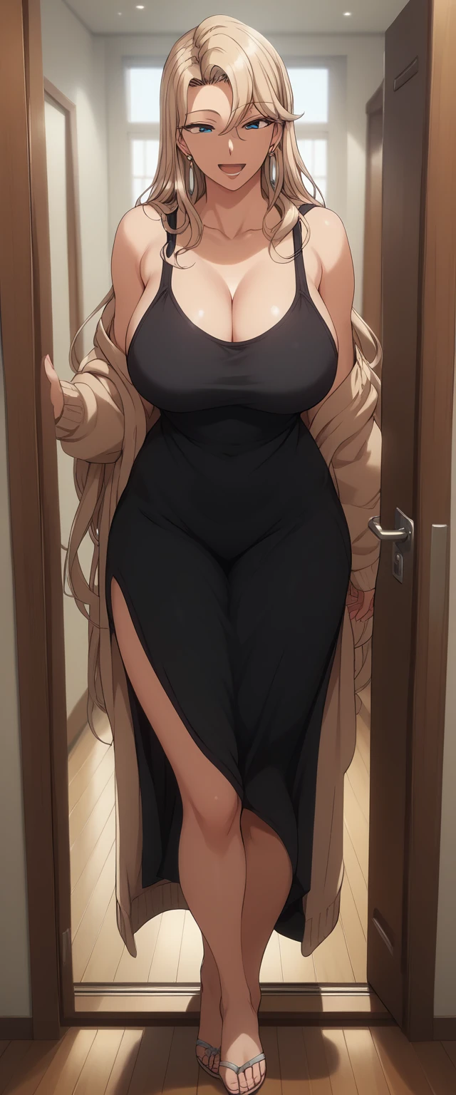 ReikaKurashiki, 
best quality, masterpiece, ultra-detailed, high quality, highres, 1girl, mature female, milf, motherly, blonde hair, long hair, blue eyes, earrings, beautiful, beautiful and perfect face, smile, open mouth, looking at viewer, black dress tank top, cardigan, large breasts, large ass, curvy body, POV, close shot, from the front, full body, standing, in home, open the door