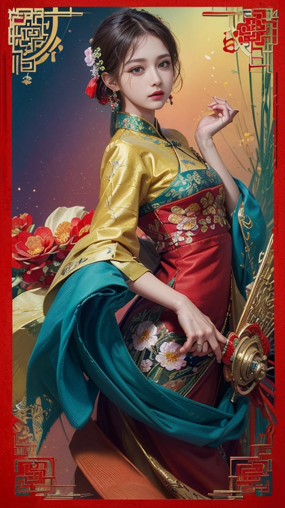 (masterpiece, Highest quality, Highest quality, Official Art, beautifully、aesthetic:1.2), (One girl:1.3), Very detailed,(Fractal Art:1.1),(colorful:1.1)(Flowers:1.3),Most detailed,(Tangled:1.2), (Dynamic pose), (Abstract background:1.3), (Chinese traditional cloth:1.2), (Glowing Skin), (Many colors:1.4), ,(Earrings:1.4),
