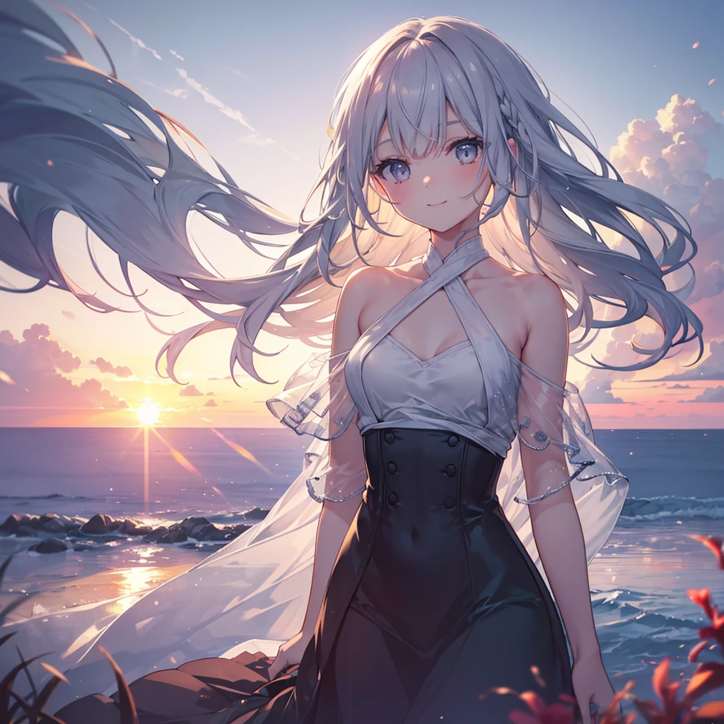 (Sunset Scene, Soft lighting, High saturation):1.4, Vivid lighting, Enchanting elegance, Atmospheric Depth, Great technology, Naturalistic representation, Harmonious composition, Creative refinement, Striking contrast, (One beautiful girl), smile, Expose, Gray bob hair ,Volumetric Fog, Outdoor, Backlight, Small breasts