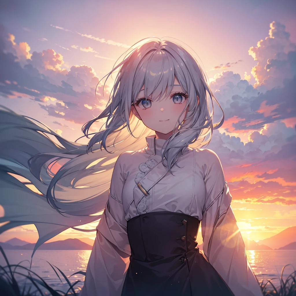 (Sunset Scene, Soft lighting, High saturation):1.4, Vivid lighting, Enchanting elegance, Atmospheric Depth, Great technology, Naturalistic representation, Harmonious composition, Creative refinement, Striking contrast, (One beautiful girl), smile, Expose, Gray bob hair ,Volumetric Fog, Outdoor, Backlight, Small breasts