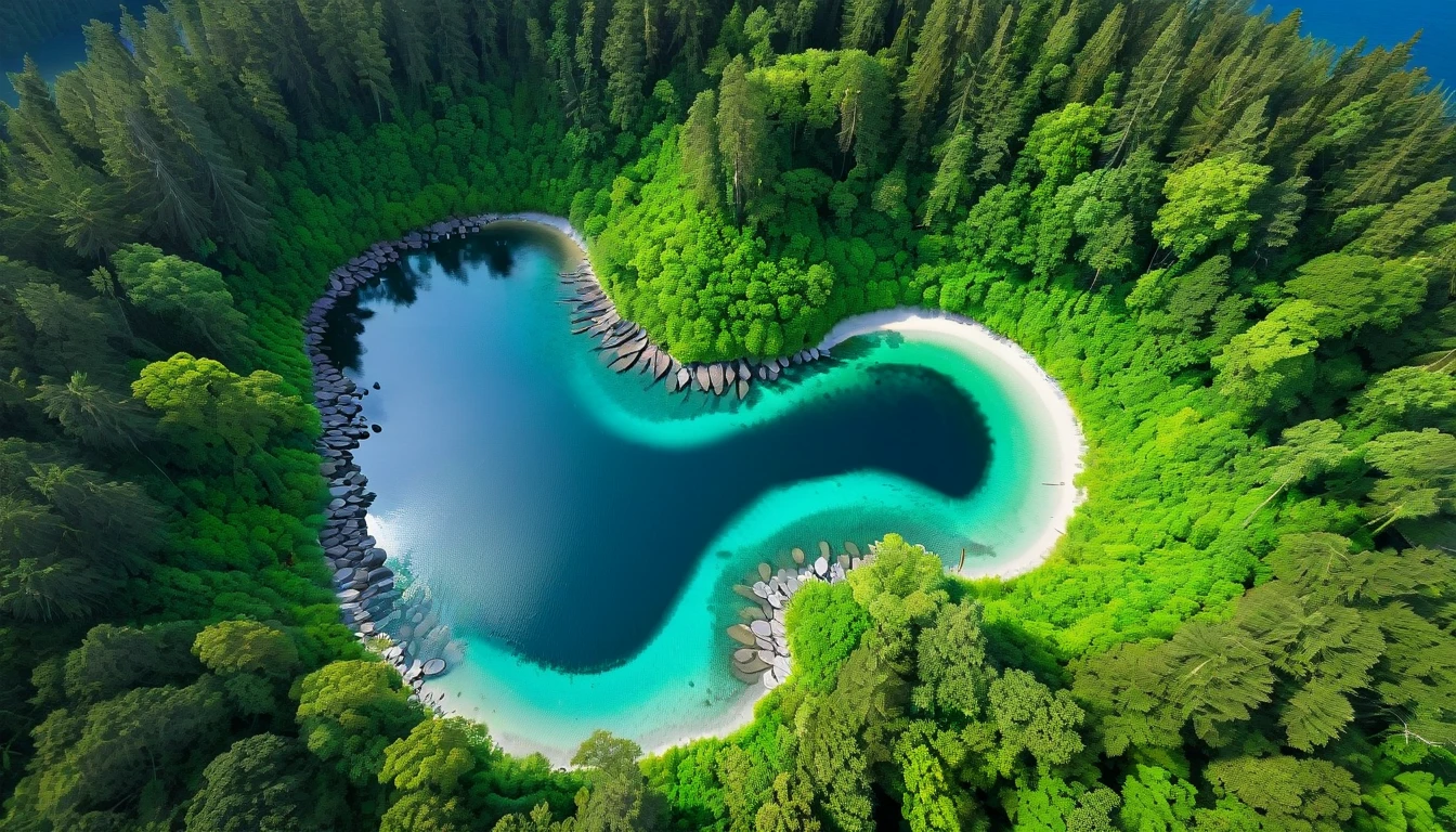 A topview scenes of diverse, vibrant environments: Exotic island, lush forests, round iris lake, serene oceans