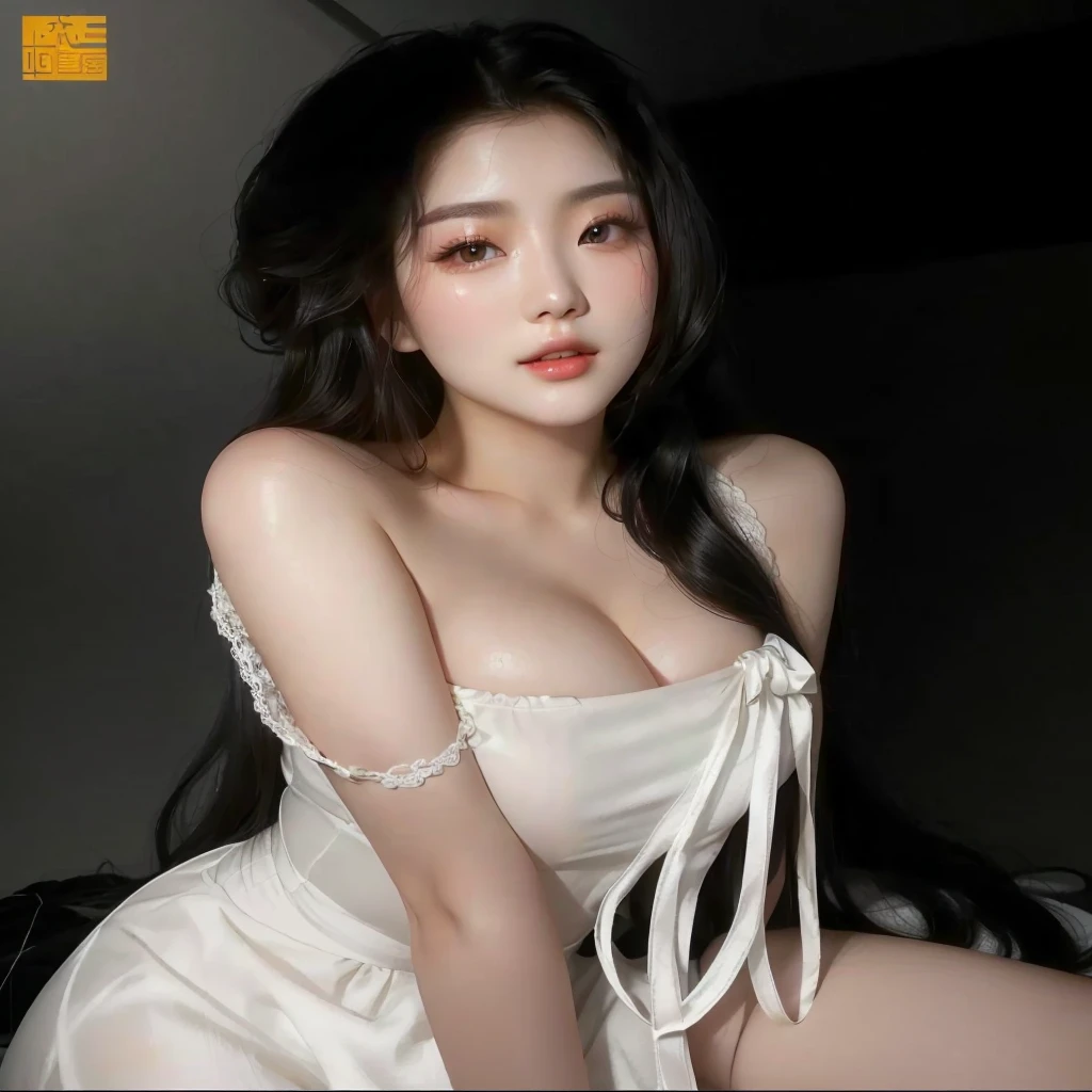 Close-up of a woman in a white dress posing for a photo, beautiful chinese model, beautiful Asian girl, pale milky white porcelain skin, sexy look at the camera, korean girl, with beautiful loving eyes, beautiful south korean woman, Beautiful young Korean woman, japanese goddess, Chinese girl, milky white skin, Asian girl, pale, snow-white skin, black wavy hair, very wavy hair, extremely wavy and voluminous, Afro hair, hair with pussies