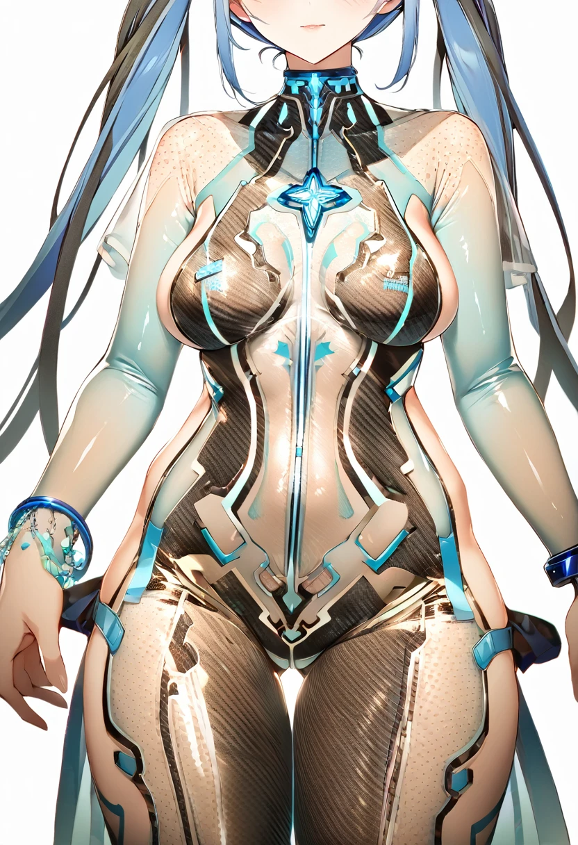 Blue Star,Twin tails,See-through,Top view,Standing on a white floor,See-through,Blue light pattern,sexyデザインのSee-throughボディスーツ,Transparent skin,胸元にBlue Starのデザイン,胸元がSee-throughボディスーツ,Shiny bodysuit,sexy,Big blue light bracelet,Big blue light anklet,Blue light accessories that dig into your thighs,Accentuated chest,Accentuated chest shape,Close-up of face and chest,