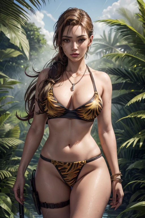 1girl, alone, (Lara Croft), Digital art, Iggy Azalea as Lara Croft, loincloth,bone necklace, in the jungle, bikini animal print loin cloth, Detailed clothes, masterpiece, symmetrical, excited face, big breasts, medium thigh medium waist, wide hips, Jungle, rain forest, jungle adventure, front View, Bokeh, 4K Masterpiece, HDR