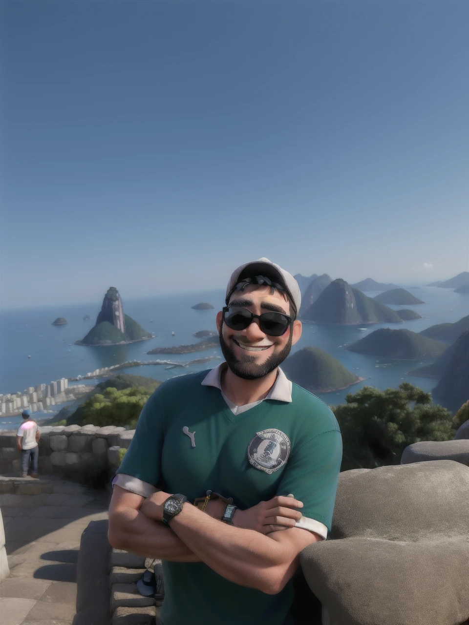 Man poses for photo. He is wearing a cap with the brim backwards, sunglasses, He smiled. He has a sparse black beard with a few gray hairs.. He looks good and has his arms crossed, with a wristwatch. He is on a viewpoint with Rio de Janeiro in the background, mountains and the sea. 