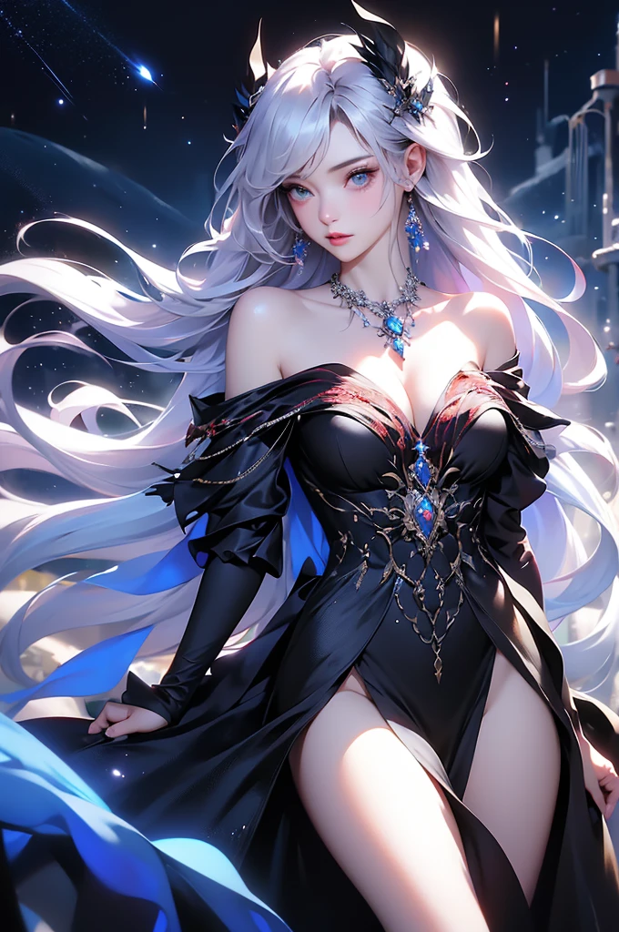 (masterpiece:1.5, Highest quality, Very detailed、 Dutch Angle、Semi-realistic、Fantasy)(One Girl, alone)(White and beautiful hair:1.4,,Straight Long Hair)(Dress in black tones、Fantasyの衣装)、((Off the shoulder、Mid-chest、ruby necklace))(Beautiful cleavage、Legs wrapped in tights)(Beautiful starry sky、Mystical Night、Particles of light float around the woman、Fantasy space) Waiting to start