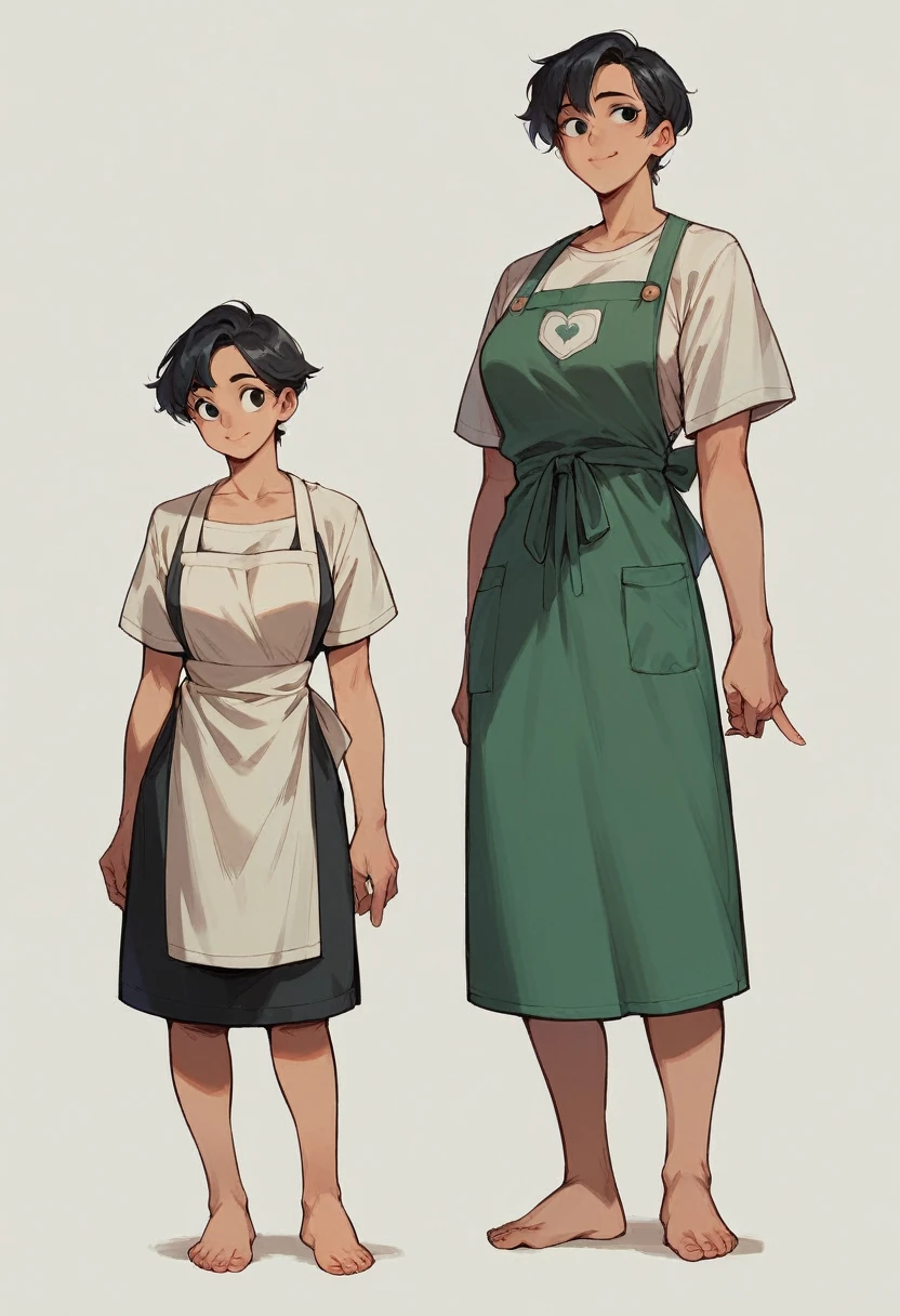 Score_9, Score_8_up, Score_7_up, 1 girl, black hair, black eyes, curvy figure, smile, apron, large bust, barefoot, front view, looking forward, standing, simple background, white background,