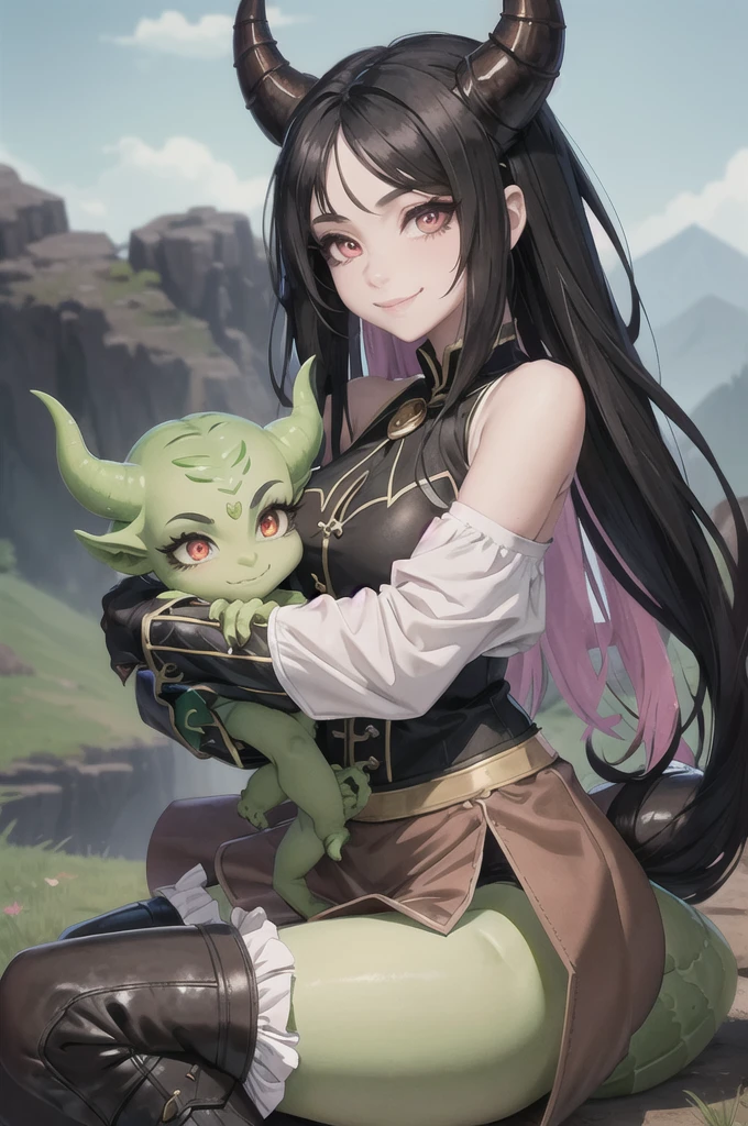 masterpiece, high quality, dragon girl, green skin, brown horns, long tail, hairy tip on tail, long black hair, black holes in shoulders, pink pupils, Tender smile, a white blouse, Long blue skirt, Brown boots, black sclera