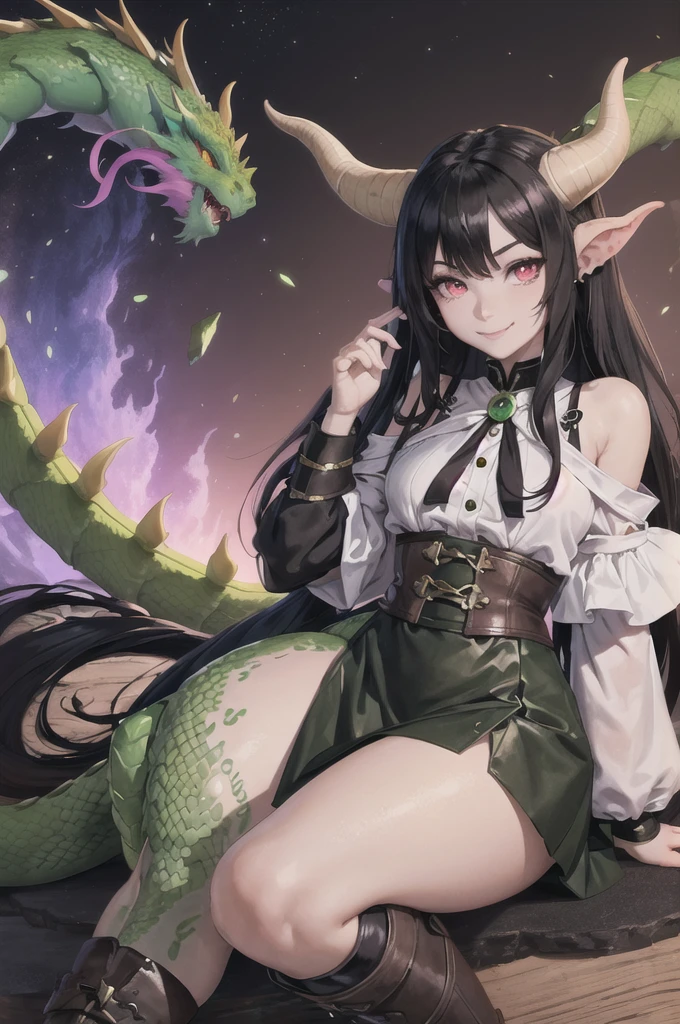 masterpiece, high quality, dragon girl, green skin, brown horns, long tail, hairy tip on tail, long black hair, black holes in shoulders, pink pupils, Tender smile, a white blouse, Long blue skirt, Brown boots, black sclera