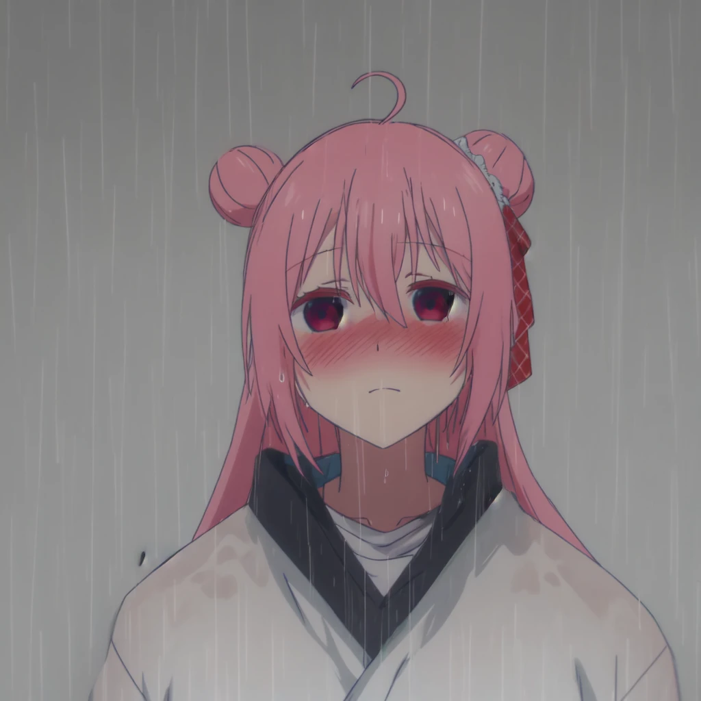 Satou, happy, blushing, distant view, portrait,  raining, outside, wet clothes, emotionless, expressionless, dreary atmosphere, sad atmosphere