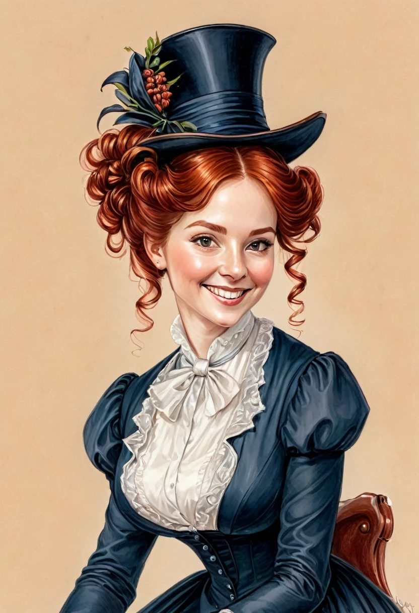 A colored pencil drawing of a pretty smiling happy victorian governess, curly auburn red hair. Kind and inteligent, joyful energy. hair in bun, hat. book of poetry in hand. 
