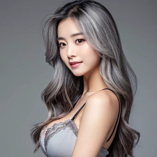 there is a long haired woman posing for a photo, full body, korean girl, korean woman, beautiful south korean woman, silver haired girl, beautiful young korean woman, long haired asian girl, an asian woman, straight gray hair, dark gray hair , sakimichan, with dark gray hair, silver long hair, with long hair, beautiful young korean woman, great work, 8k, cleavage, big, breast detail, hair detail, eye detail, wearing modern clothes that are open at the chest and armpits