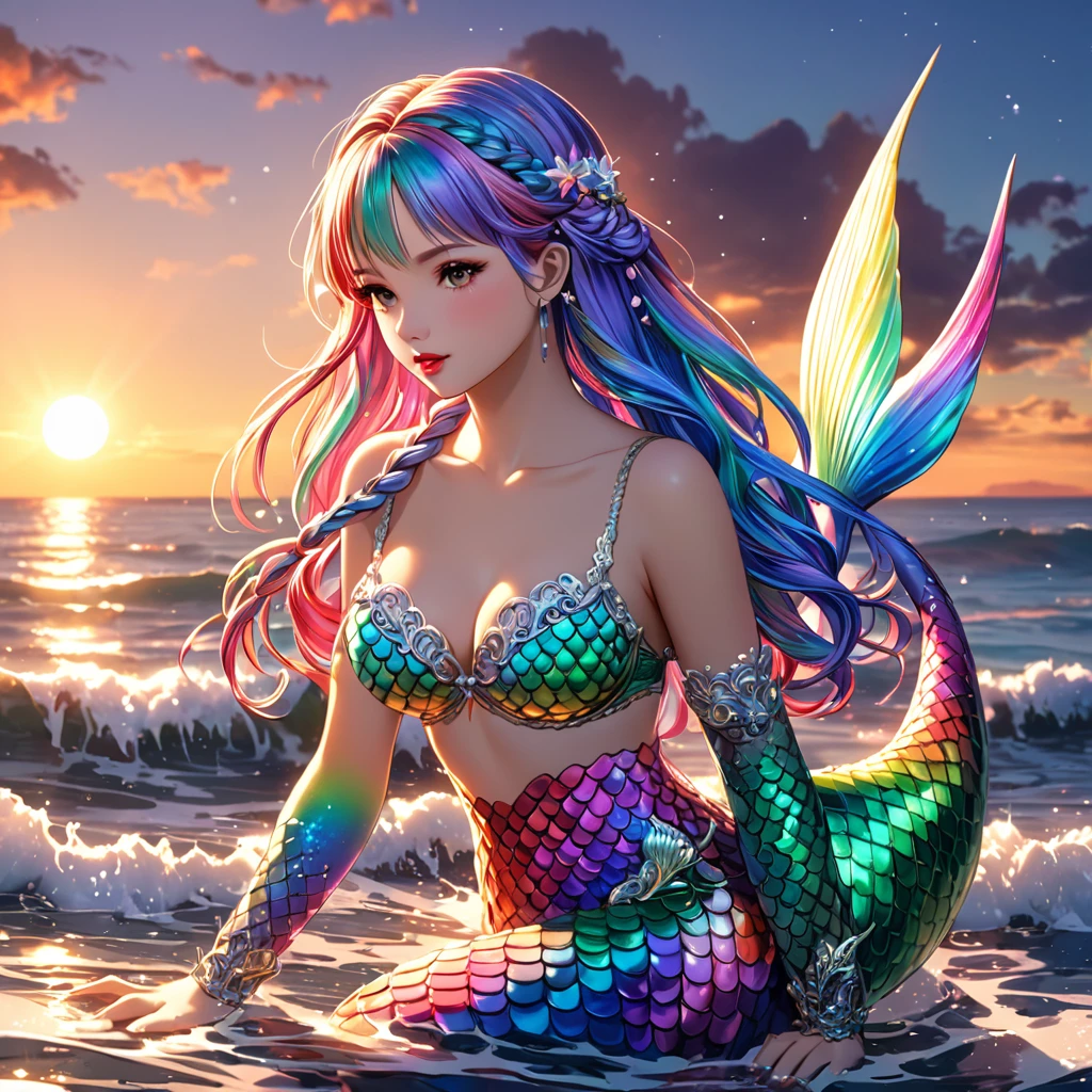 cute 20 year old mermaid with rainbows colored hair with mermaid braids wearing beautiful hair accessoires coming out of the ocean surface, sunset, wears a rainbows glittery mermaid bra, beautiful mermaid, beautiful detailed human face, red lips, alluring eyes, elaborated mermaid rainbow tail, serene, masterpiece, full body shot, highres, high resolution, high quality, intricate details, extremely detailed, incredible details, full colored, complex details, insanely detailed and intricate, extremely detailed with rich colors. masterpiece, best quality, HDR, UHD, unreal engine, High quality, gorgeous, glamorous, 8k, super detail, gorgeous light and shadow, detailed decoration, detailed lines, glittery, fantasy, pretty colors, anime style