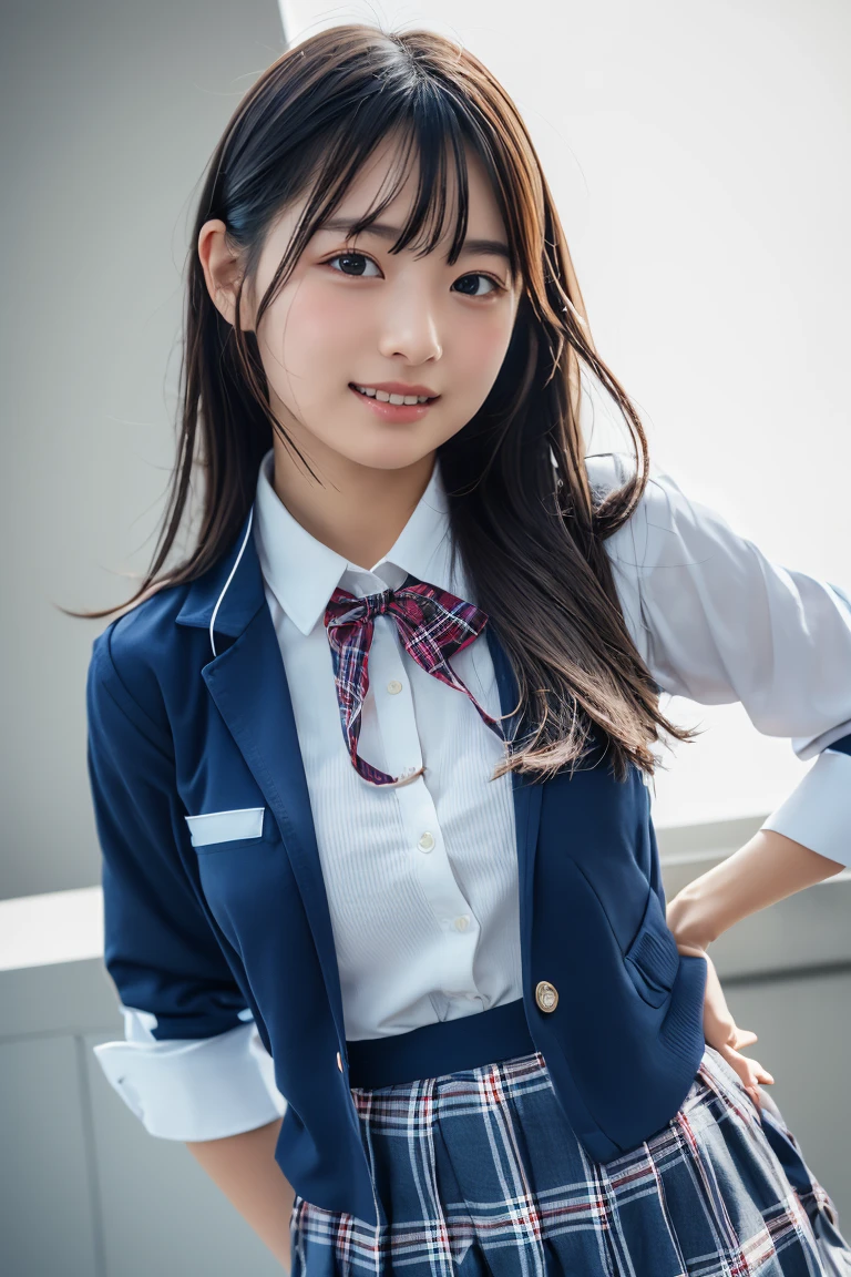 ((school uniform)),ribbon at neck,(school uniform and ((Plaid navy skirt)) and white shirt:1.1), Skin color, big , smile, (8k, RAW Photos, Highest quality, masterpiece:1.2), masterpiece, super detailed, super high quality, (Realistic and Realistic photography:1. 37), High-resolution RAW color photos, Very delicate and beautiful, highly detailed, 8k壁紙, wonderful, detailed, Very eye, very detailed, very detailed skin, very thin fingers, very detailed nose, very detailed mouth, Perfect Anatomy, Upper Body, studio, Soft lighting, A full-body shot of a cute idol wearing a one-piece swimsuit, Playful pose, Hands on hips, smile, Pastel Background, Realistic, Attention to detail, studio photography