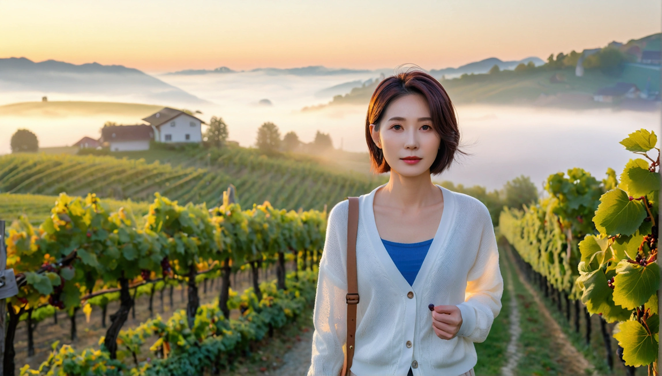8k, 36 year old Korean woman, pretty like a model, Short hair, White shirt and short cardigan, early morning fog before sunrise, path, vineyard, swiss countryside village, Vivid picture quality, Realistic perfect picture quality, Dawn fog with a blue glow, No grape fruit visible