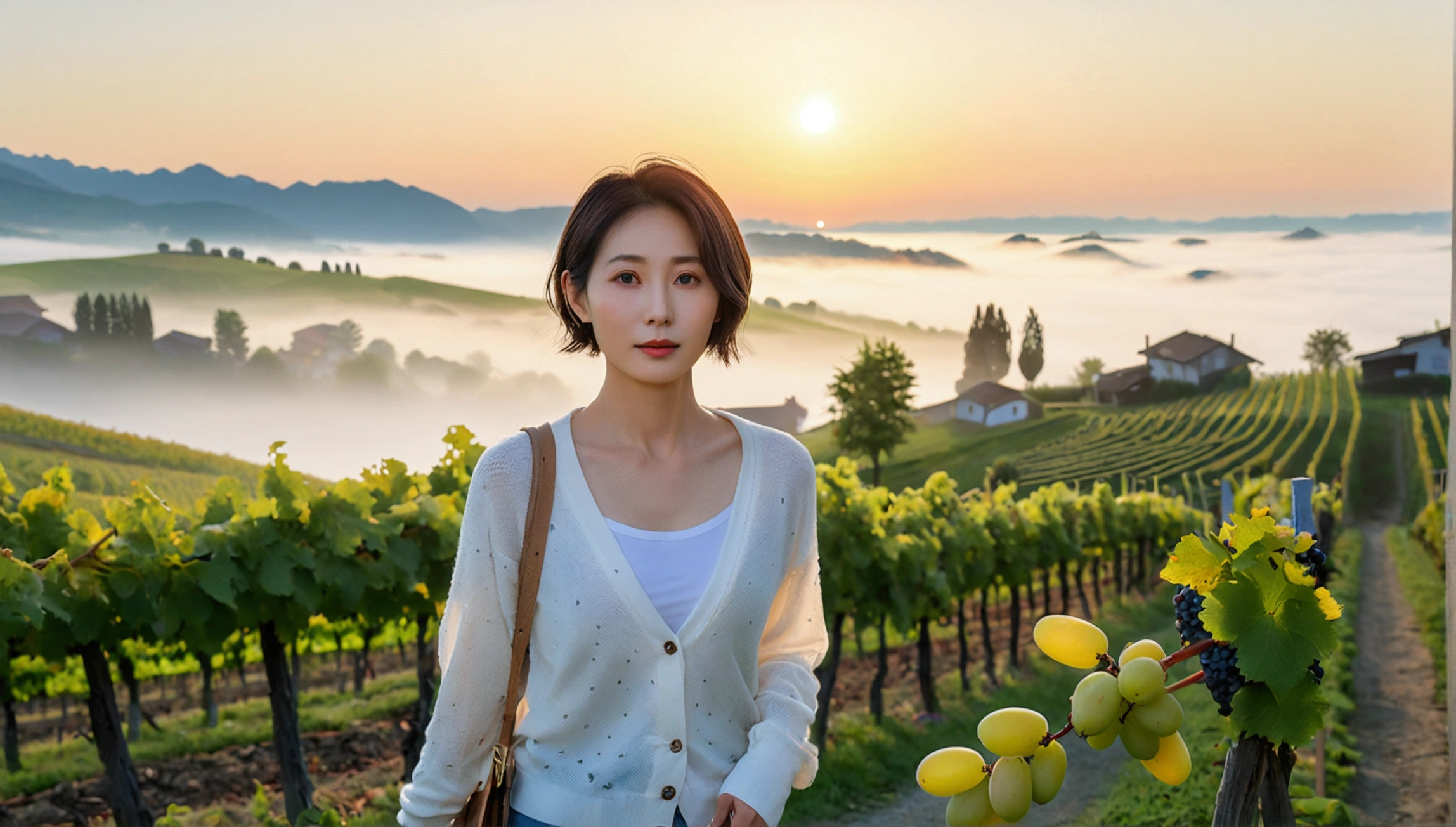 8k, 36 year old Korean woman, pretty like a model, Short hair, White shirt and short cardigan, early morning fog before sunrise, path, vineyard, swiss countryside village, Vivid picture quality, Realistic perfect picture quality, Dawn fog with a blue glow, No grape fruit visible