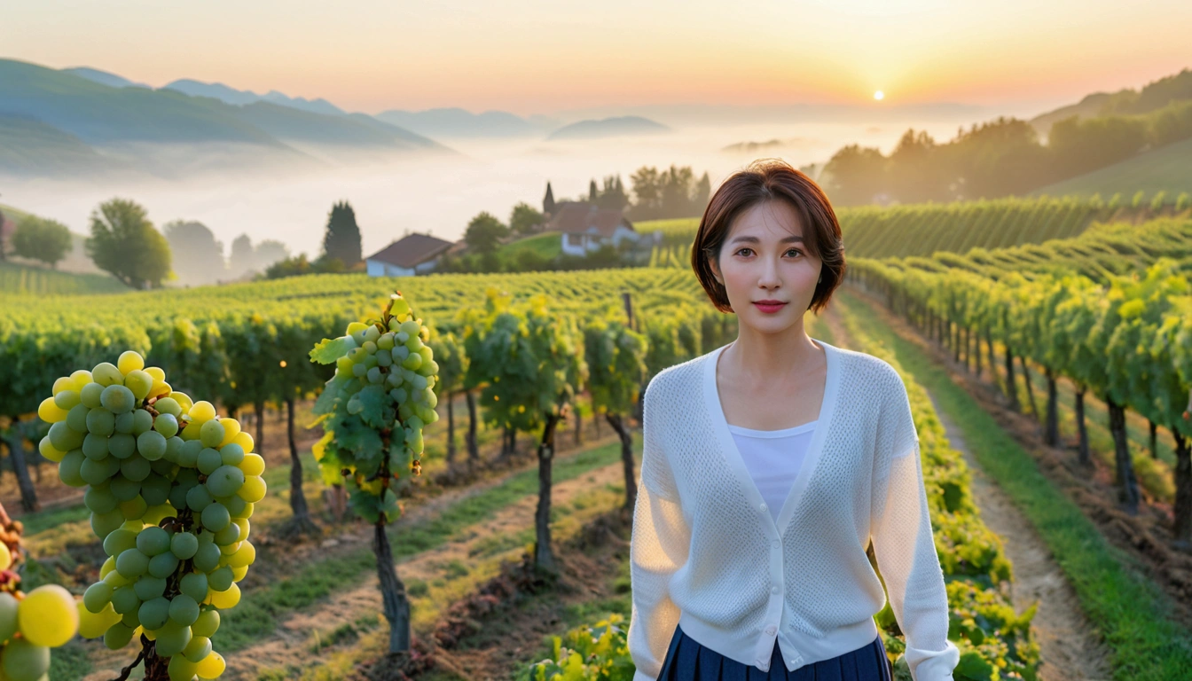 8k, 36 year old Korean woman, pretty like a model, Short hair, White shirt and short cardigan, early morning fog before sunrise, path, vineyard, swiss countryside village, Vivid picture quality, Realistic perfect picture quality, Dawn fog with a blue glow, No grape fruit visible