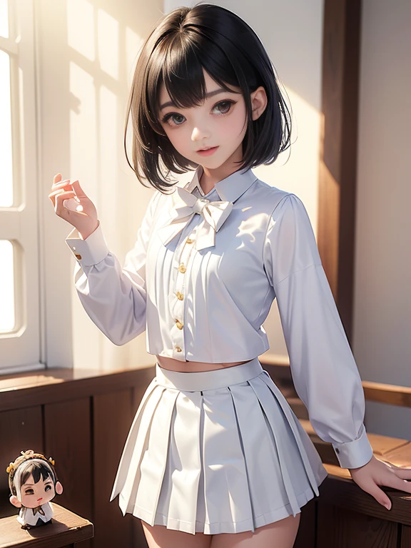 (masterpiece、Highest quality:1.4)、16K、(12 years old:1.5)、Bobcut、Japanese、(Black Hair:1.5)、85mm、Official Art、RAW Photos、Best Beautiful Faces、Close-up、Violet、Gardenia、((The best beautiful girl、very cute))、indoor、Film Grain、Chromatic Aberration、Sharp Focus、A perfect body without flaws、Detailed face、(Slender body:1.2)、(Slender body:1.2)、(12 years oldの身体:1.5)、(Small and flat bust:1.7),(Wrinkles between the eyebrows:1.3)、(Scared expression:1.8)、(Please close your eyes completely:1.8),(Blushing:1.8)、(Shot from the calf up:1.3)、Face Focus,(Let your bangs hang down:1.6)、Low contrast lighting、(襟t付きのwhiteタイトビジネスブラウス:1.5)、((white)Bowtie blouse:1.5)、(Long sleeve: 1.4)、(Very short length(white)Pleated mini skirt:1.8)、(Cover your chest with your palms:1.7)