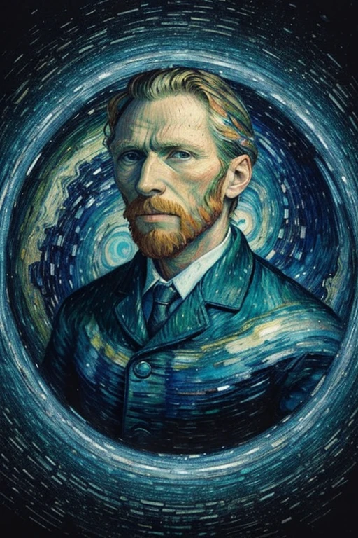 A mesmerizing mixed-media artwork combining Van Gogh's self-portrait with elements of his iconic paintings, such as swirling skies and vibrant landscapes. The artwork incorporates layers of texture and collage to create a multidimensional composition that reflects the artist's complex inner world. Van Gogh's gaze is hauntingly beautiful, drawing viewers into a kaleidoscope of color and emotion